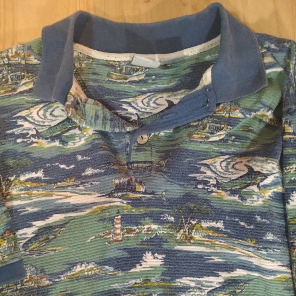 Vintage OP Sport Marlin Seascape Pattern Polo